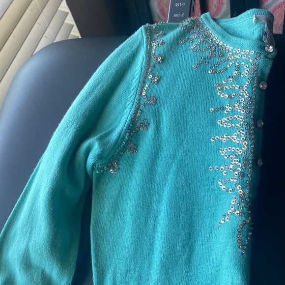 Cache Sz M Teal Silk Cashmere Blend Beaded Bling Sweater. - Picture 4 of 7